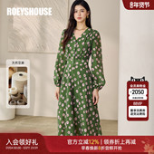 通勤长袖 罗衣优雅气质花色亚麻连衣裙女春季 时尚 V领中长裙12510