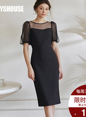 罗衣气质拼接修身连衣裙2023夏装新款温柔灯笼袖黑色中长裙08411
