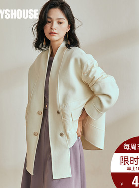 罗衣知性80%绵羊毛大衣2025冬季新款拼接羽绒保暖双面呢外套05238