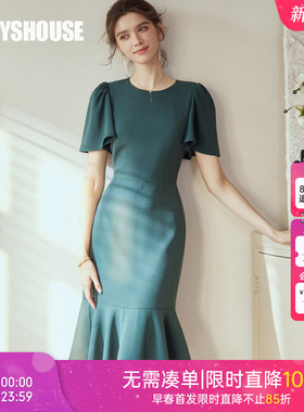 罗衣优雅荷叶袖连衣裙女2025夏装新款绿色修身鱼尾摆中长裙06274