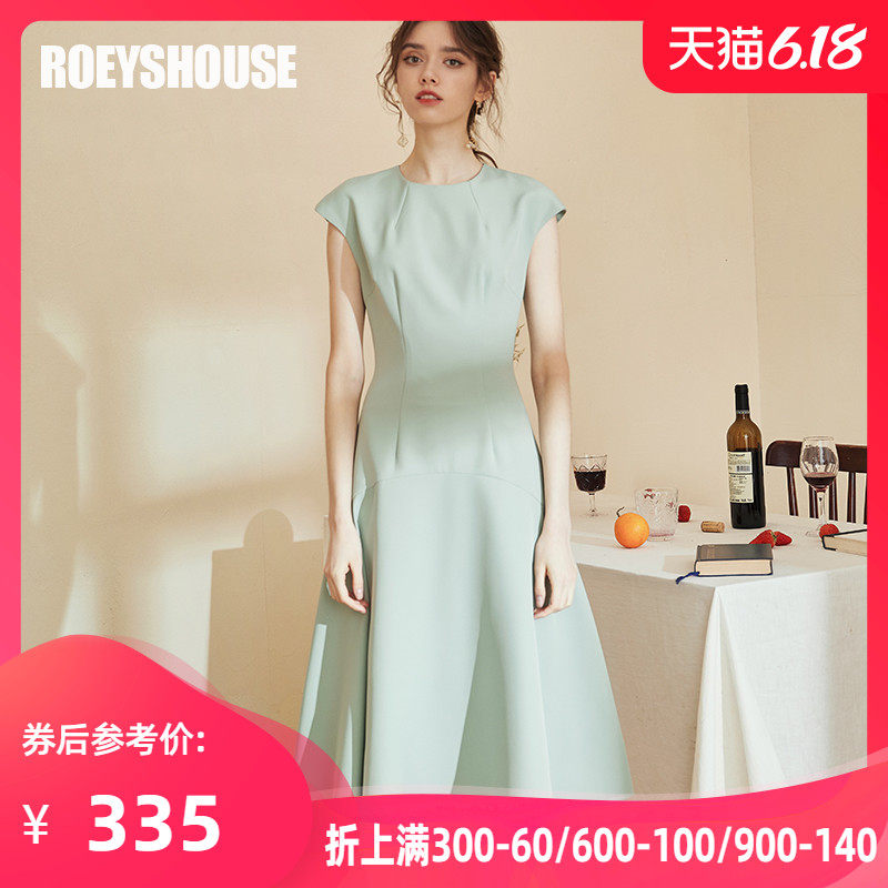 罗衣优雅大摆淑女连衣裙2020夏装新款气质豆绿色短袖中长裙02062