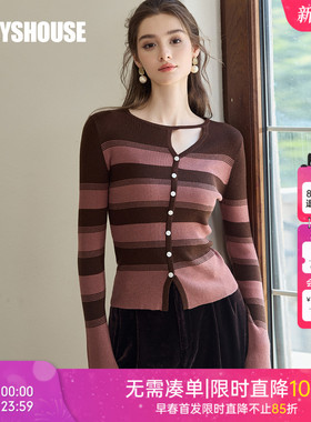 罗衣轻奢30.9%绵羊毛针织衫女2025秋冬新款复古条纹镂空毛衣11243