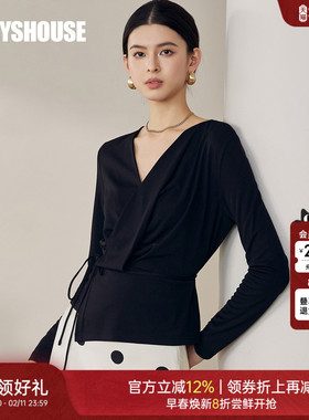 罗衣时尚黑色修身弹力针织衫女冬季气质V领系带内搭长袖上衣12716