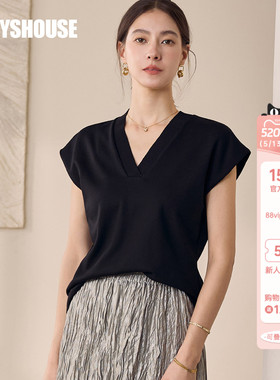 罗衣时尚连袖黑色针织T恤女夏格调显瘦基础百搭V领修身上衣11961