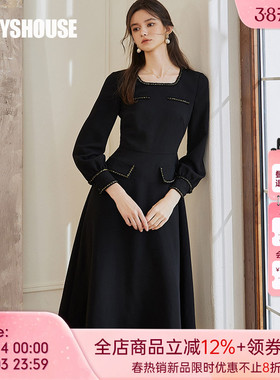 罗衣法式方领收腰大摆连衣裙春季气质黑色长袖大摆晚会礼裙09934