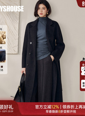 罗衣高端牦牛绒双面呢黑色绵羊毛大衣冬宽松中长款毛呢外套13179