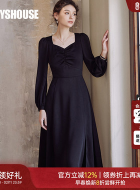 罗衣优雅高级感大摆缎面连衣裙春季气质聚会褶皱黑色中长裙08081