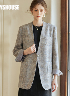 罗衣法式小香风灰色西装外套女春气质商务肌理感中长款西服09055