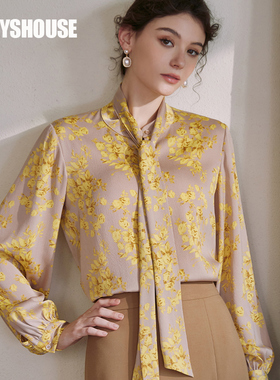 罗衣气质花色系带领衬衫女春季知性缎面宽松长袖衬衣OL上衣08087