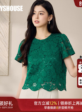 罗衣优雅蕾丝修身衬衫女2025夏季新款时尚圆领纯色短袖上衣12416