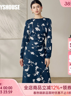 罗衣优雅花色修身褶皱连衣裙女春季显瘦收腰开叉长袖中长裙12598