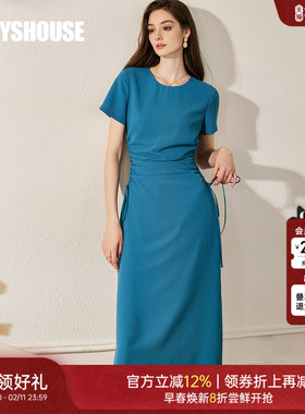 罗衣抽褶设计感连衣裙2025夏季新款气质孔雀蓝收腰显瘦裙子10647