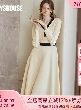 罗衣气质杏色针织连衣裙女春通勤时尚拼接显瘦大摆中长裙子09677