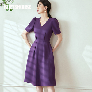 罗衣知性V领褶皱连衣裙女夏气质泡泡袖减龄显瘦大摆中长裙06443