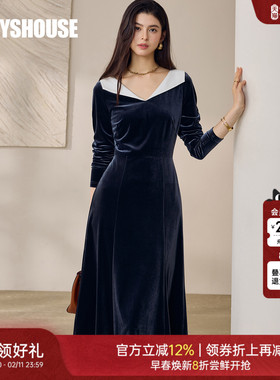 罗衣法式小资V领修身丝绒连衣裙2025秋冬时尚拼接内搭大摆裙12841
