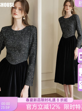 罗衣法式粗花呢拼接丝绒连衣裙2025冬季新款复古黑色收腰裙09481