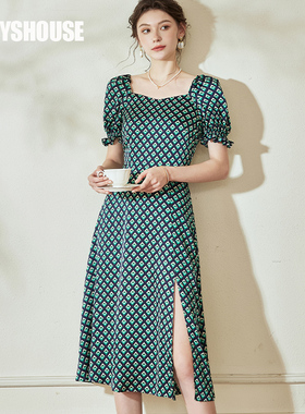 罗衣气质花色开叉连衣裙2025夏装新款修身灯笼袖度假风裙子08525