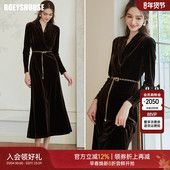 中长款 罗衣贵气感深咖丝绒连衣裙女春季 鱼尾摆修身 内搭打底09849