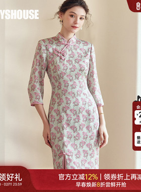 罗衣新中式中国风旗袍连衣裙女春季复古开叉缎面七分袖裙子09045
