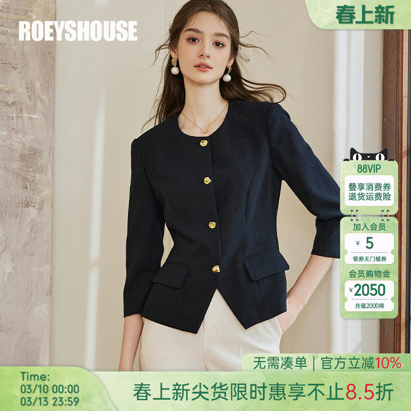 罗衣藏青色收腰高端小西装上衣女春通勤修身圆领高级短外套10105
