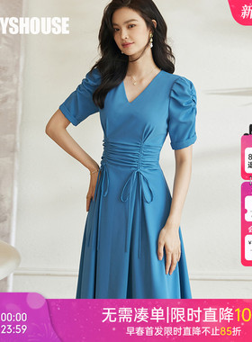 罗衣气质抽褶大摆连衣裙女2025夏装新款通勤V领蓝色收腰裙子08430