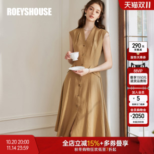 时尚 新款 V领卡其色大摆裙子10221 连衣裙2025夏季 罗衣气质亚麻无袖