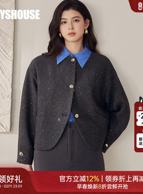罗衣通勤设计感茧型毛呢短外套冬季极简风宽松混纺纯色上衣13032