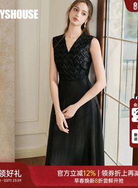 罗衣重工编织无袖连衣裙2025夏季新款气质亮丝黑色大摆裙子10707
