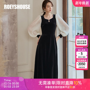 复古灯笼袖 新款 丝绒大摆裙11571 拼接雪纺连衣裙2025秋季 罗衣法式