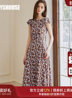 罗衣法式花色大摆连衣裙2025夏季新款时尚收腰系带镂空裙子10384