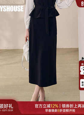 罗衣简约通勤纯色半身裙女早春知性基础百搭商务高腰中长裙13614