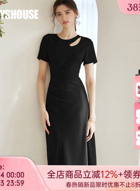 罗衣气质褶皱A摆黑色连衣裙女夏高级优雅镂空圆领短袖中长裙06671