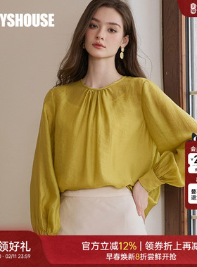 罗衣法式圆领黄色衬衫女2025秋季新款别致褶皱宽松长袖上衣11611
