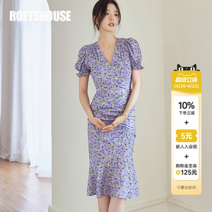 罗衣优雅泡泡袖褶皱连衣裙女夏季番红花紫修身显瘦鱼尾摆裙06737