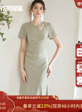 罗衣优雅镂空褶皱连衣裙女夏季高级感气质豆绿色淑女中长裙06671