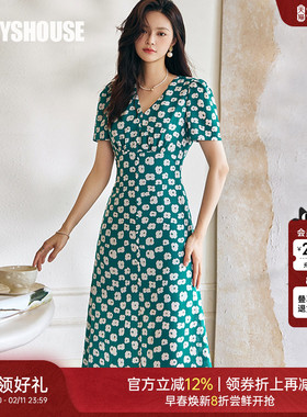 罗衣法式少女泡泡袖连衣裙女2025夏装新款印花收腰开叉A字裙08808