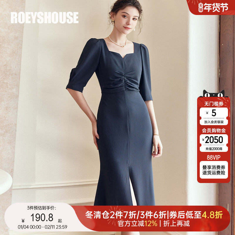 罗衣法式方领褶皱连衣裙2025秋季新款洋气减龄开叉鱼尾裙子08905,女装/女士精品,连衣裙,淘宝优惠券,粉丝福利购,淘宝优惠卷