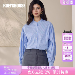 罗衣高级感通勤条纹泡泡袖 女早春简约职场OL风立领上衣13284 衬衫