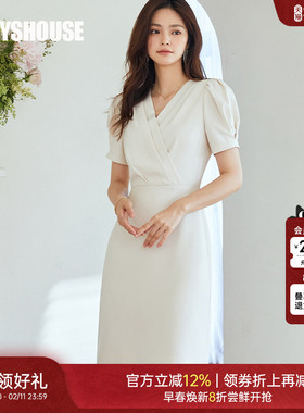 罗衣气质V领泡泡袖连衣裙女2025夏装新款米白色修身通勤裙子06928