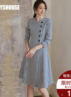 罗衣时尚通勤千鸟格连衣裙2025秋季新款复古设计感修身裙子11552