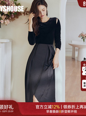 罗衣拼接丝绒法式连衣裙女春季黑色修身设计感不规则中长裙07032