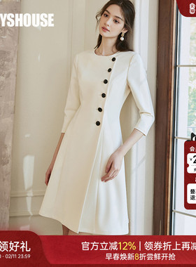 罗衣知性圆领大摆连衣裙女春职场面试通勤米白色收腰A字裙子09973