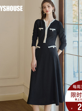 罗衣优雅V领针织收腰连衣裙2025秋季新款时尚黑色大摆中长裙11579