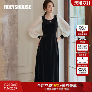 复古灯笼袖 新款 丝绒大摆裙11571 拼接雪纺连衣裙2025秋季 罗衣法式