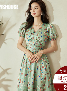 罗衣法式缎面波点连衣裙女2025夏装新款复古灯笼袖收腰裙子08631