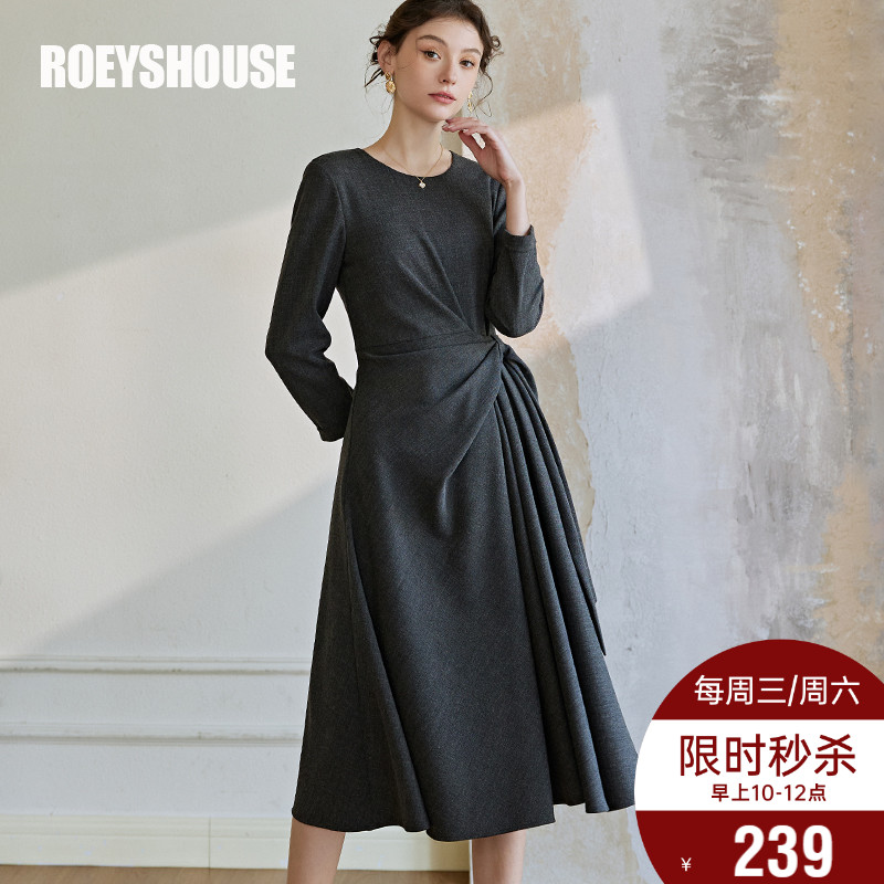 罗衣简约纯色褶皱收腰连衣裙