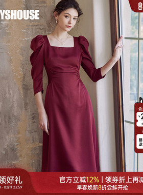 新年专供款|罗衣复古泡泡袖连衣裙时尚安可拉红缎面礼服裙子08068