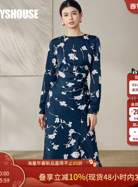 罗衣优雅花色修身褶皱连衣裙女春季显瘦收腰开叉长袖中长裙12598