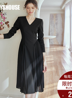 罗衣知性雪纺拼接连衣裙女2025秋装新款优雅大摆黑色中长裙07029