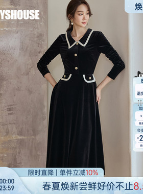 罗衣高级感轻商务收腰丝绒连衣裙女春季法式显瘦通勤大摆裙11464